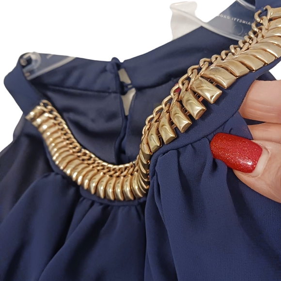 SCARLETT Cocktail Dress Sz 16 NAVY BLUE  GOLD CHAIN Neckline Sleeveless Keyhole - Picture 6 of 16